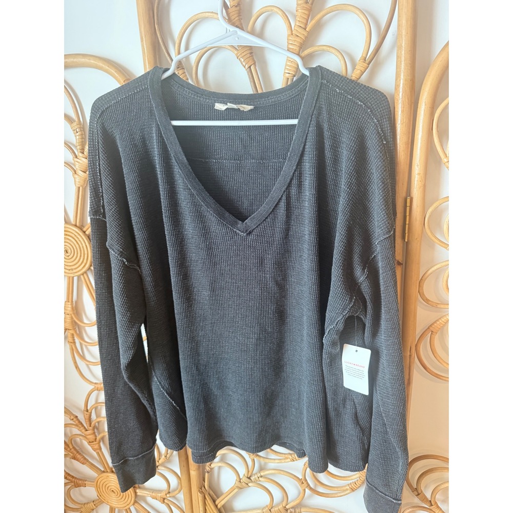 Lucky Brand Womens XL Charcoal Gray Waffle Knit V-Neck Thermal Top 119751 NEW